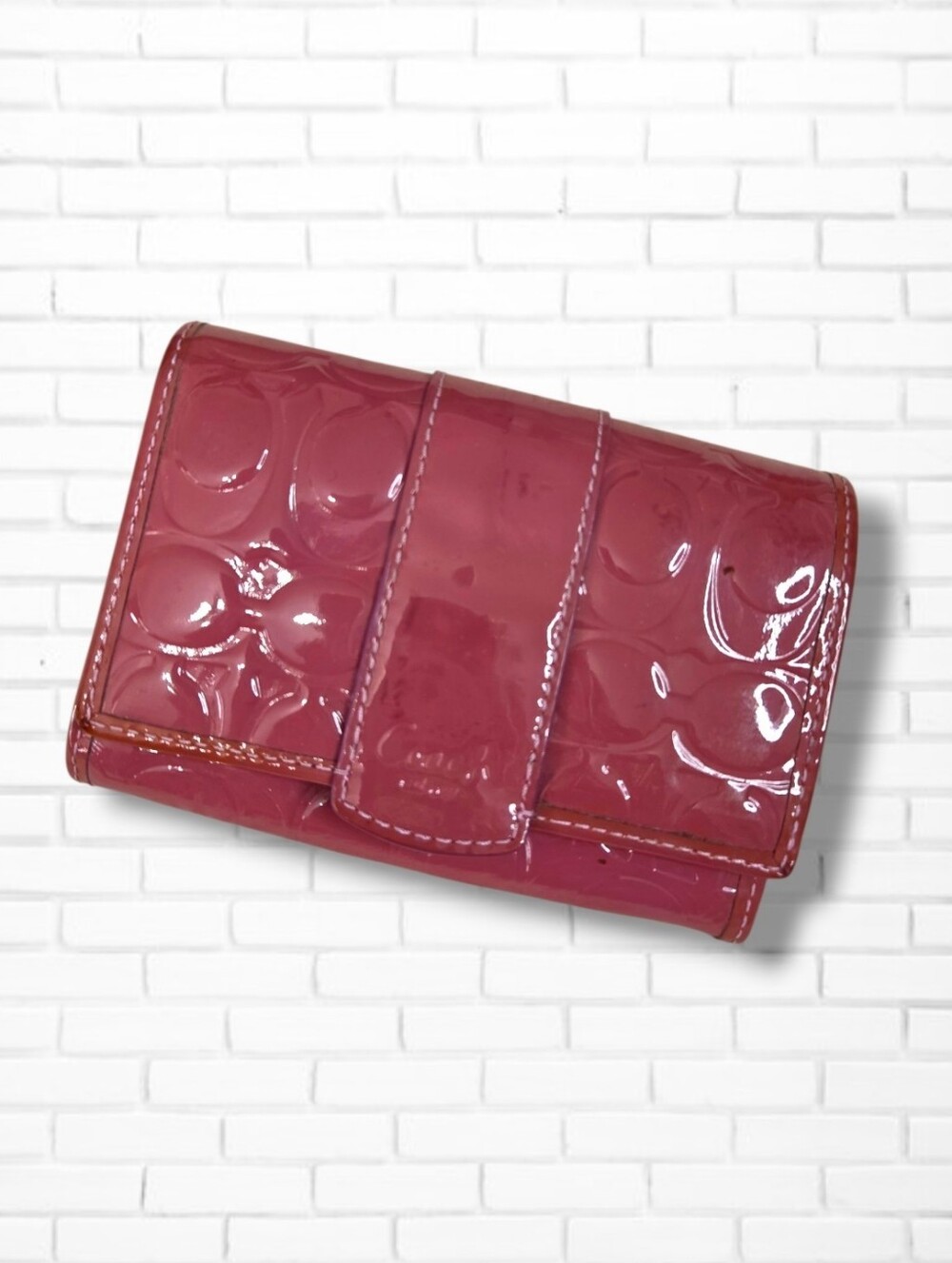 Coach Patent Leather Mauve Pink Snap Closure Monogram Compact Wallet